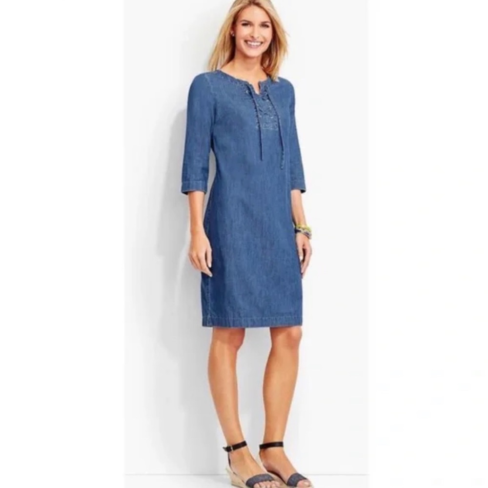 Talbots Blue Denim Jean Shift 1/2 Sleeves Lace Up Front Knee Length Dress